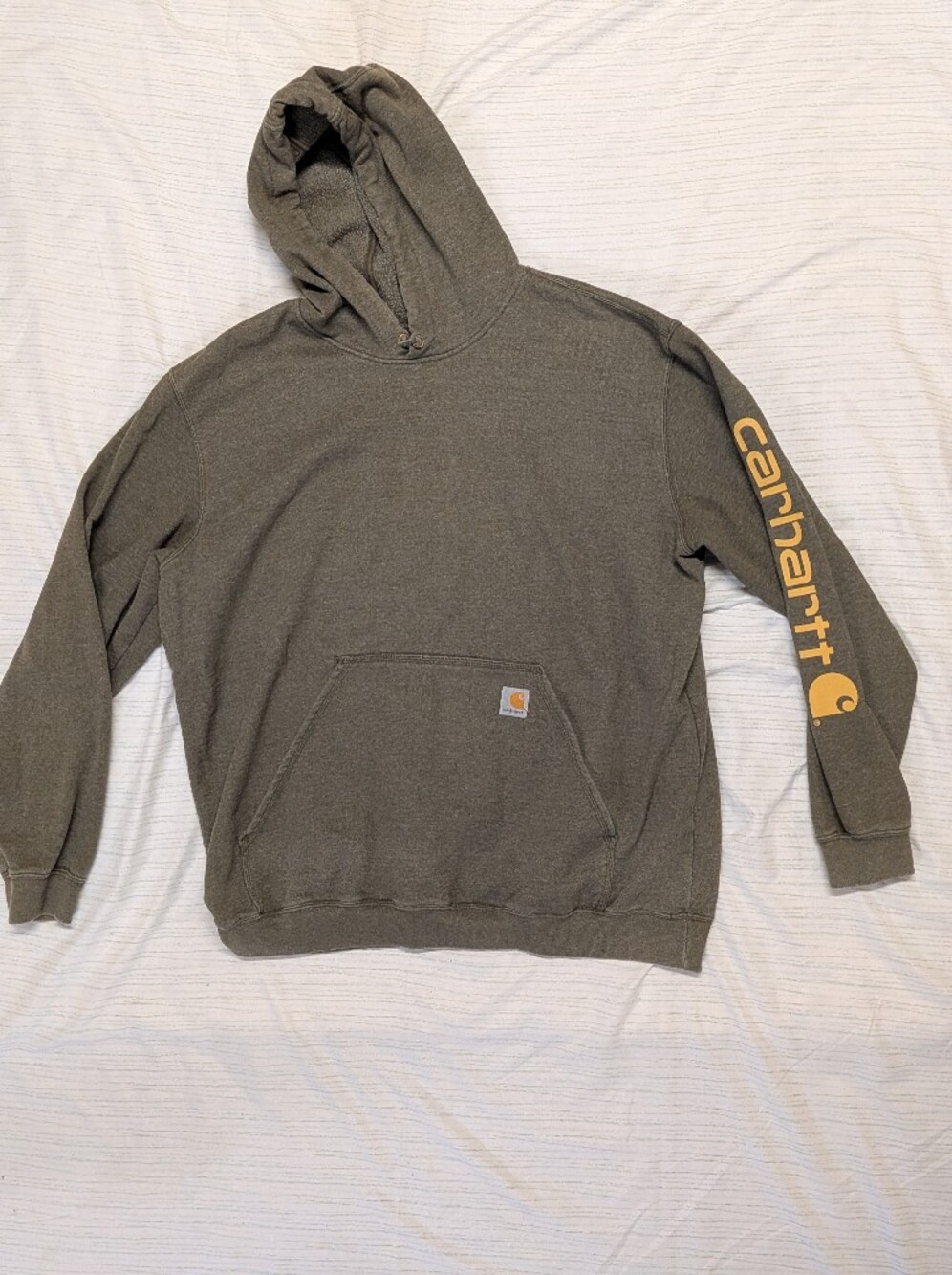 Carhartt Iconic Logo Hooded Sweatshirt, Size XL, Green with Orange Lettering